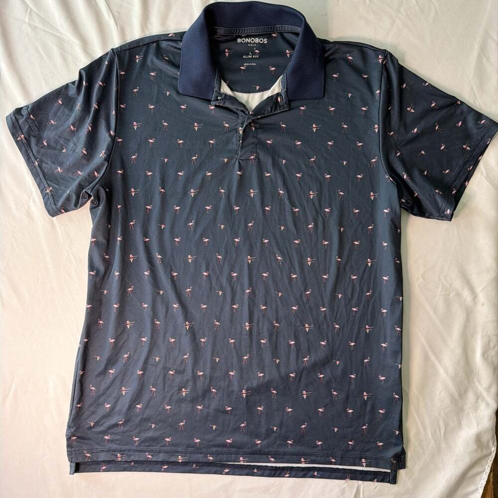 Bonobos Mens Polo Shirt Blue Flamingo Print Short Sleeve Performance Golf large